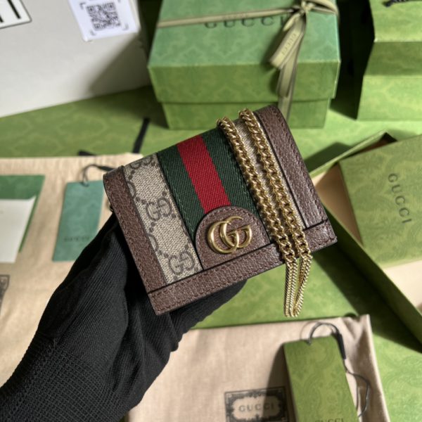 Gucci Brown GG pattern Leather Chain Wallet