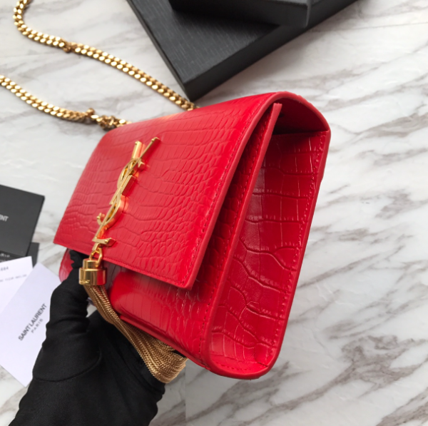 YSL Yves Saint Laurent Mini Crocodile Pattern Tassel Bag – Red - Image 4