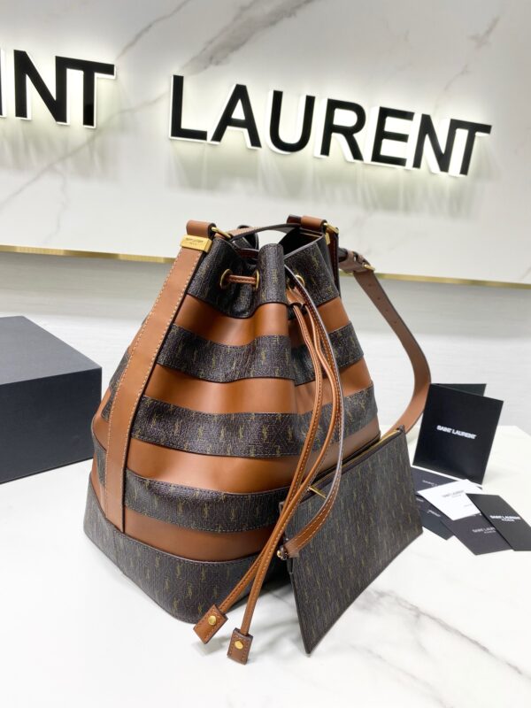 YSL Saint Laurent Le Monogramme Stripe Faux Leather Bucket Bag - Brown - Image 5