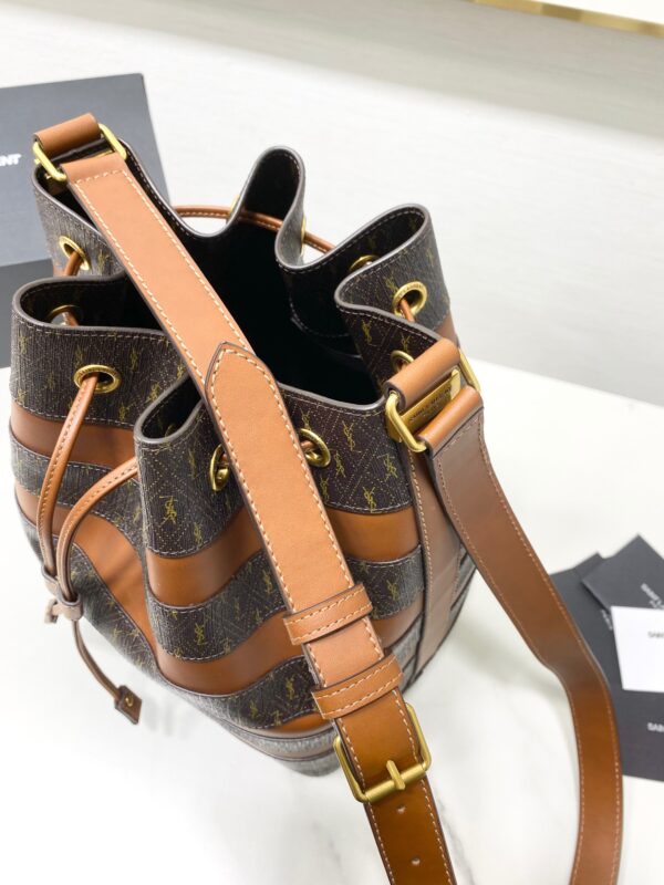 YSL Saint Laurent Le Monogramme Stripe Faux Leather Bucket Bag - Brown - Image 4