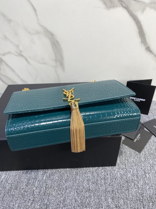 YSL Yves Saint Laurent Small Crocodile Pattern Tassel Bag - Turquoise - Image 4