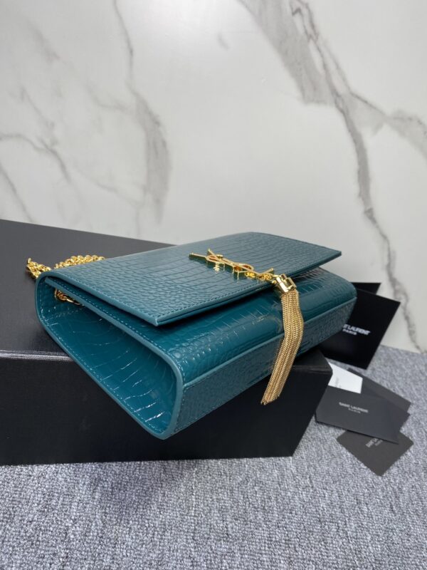YSL Yves Saint Laurent Small Crocodile Pattern Tassel Bag - Turquoise - Image 3