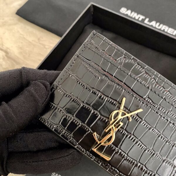 YSL Crocodile Pattern Quilted Card Holder - Black - Image 2