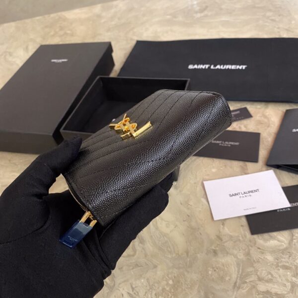 YSL Caviar Zipper Large Capacity Short Wallet - Black (Golden) - Image 5