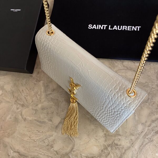 YSL Yves Saint Laurent Small Crocodile Pattern Tassel Bag - White - Image 5
