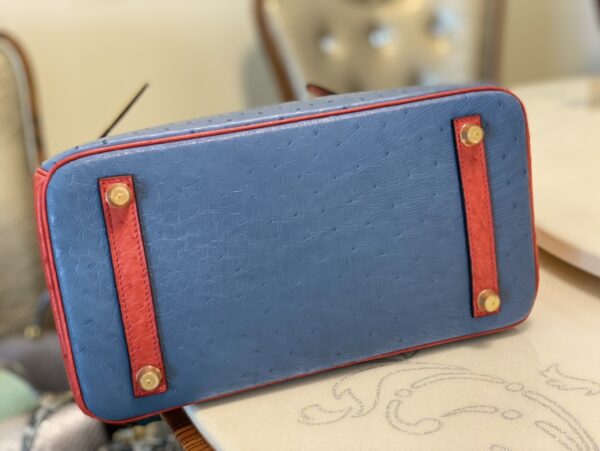 Hermes Ostrich Skin Hand Bag - Blue/Red - Image 2