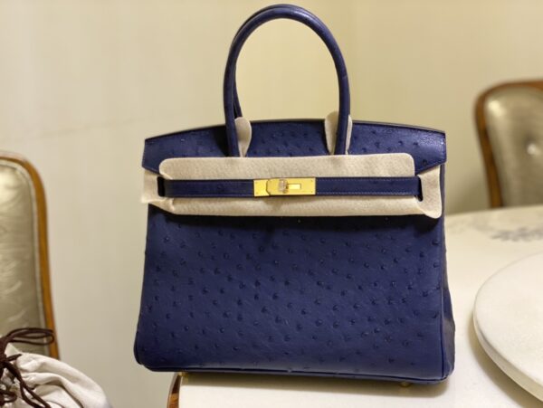 Hermes Ostrich Skin Hand Bag - Dark Blue - Image 2