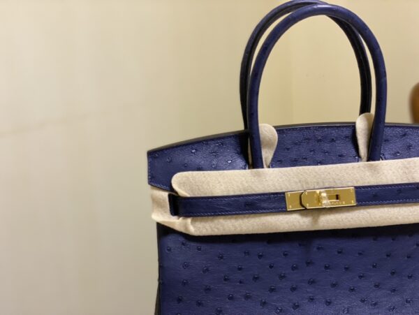 Hermes Ostrich Skin Hand Bag - Dark Blue - Image 5